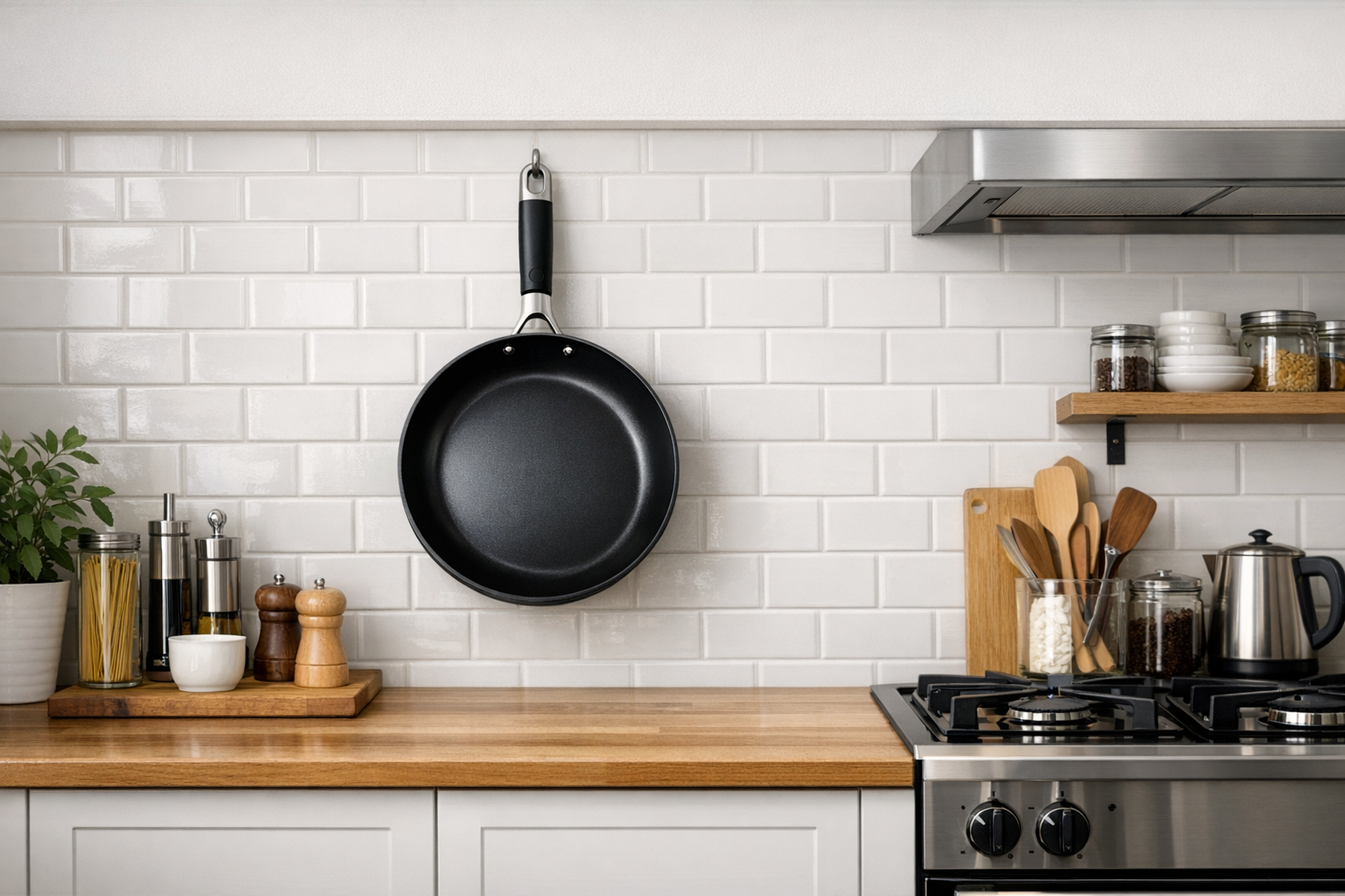 手入れが行き届いた綺麗なフライパンが壁に掛けられており、清潔で整ったキッチンの風景