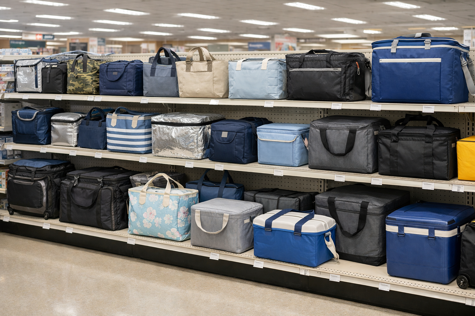 ダイソーの店内に陳列された多種多様な保冷バッグ