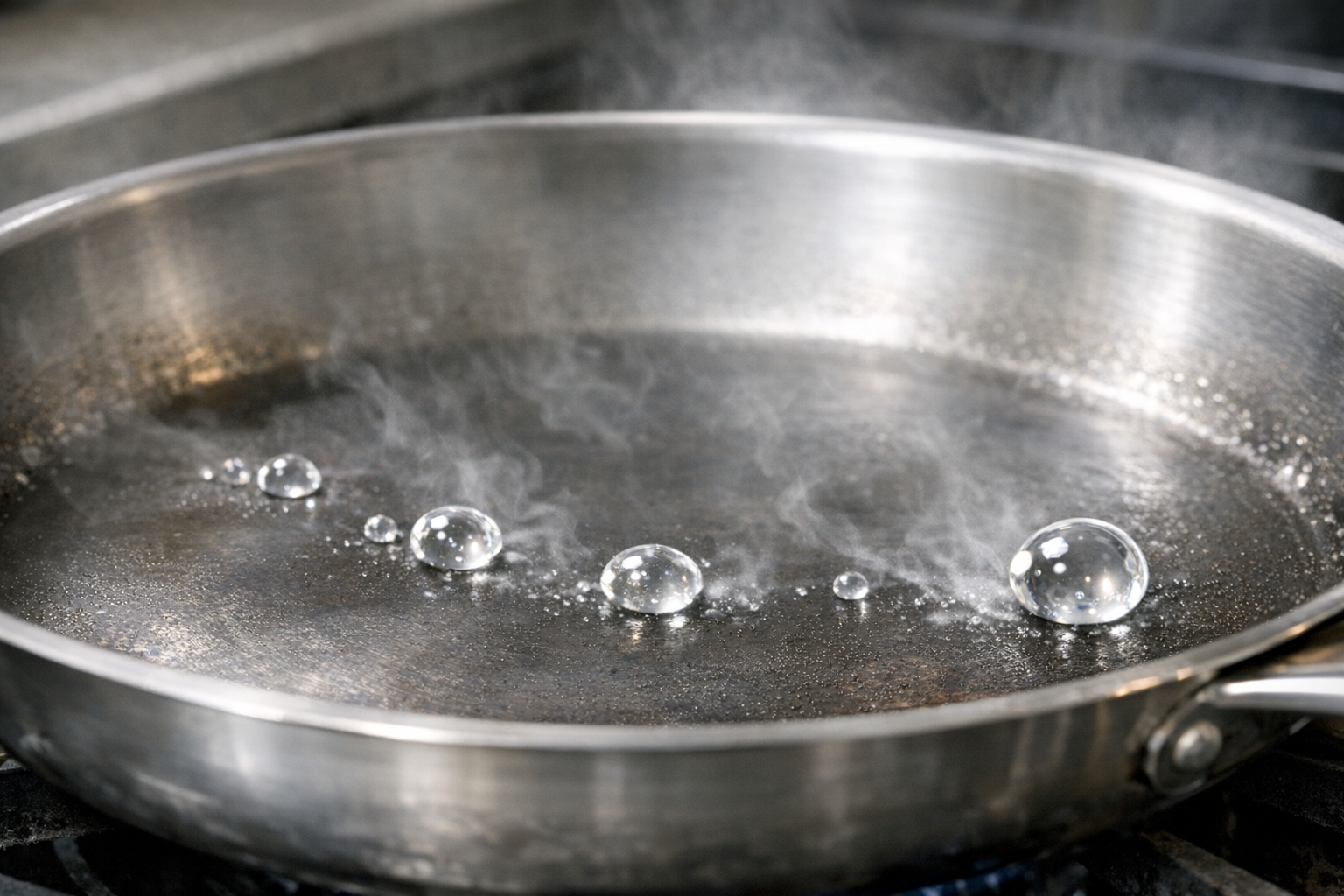 予熱したフライパンに水滴を落とし、水玉がコロコロと転がるライデンフロスト現象の様子