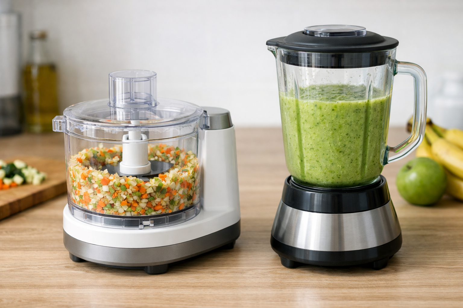みじん切りされた野菜が入ったフードプロセッサーと、スムージーが入ったミキサーの比較画像