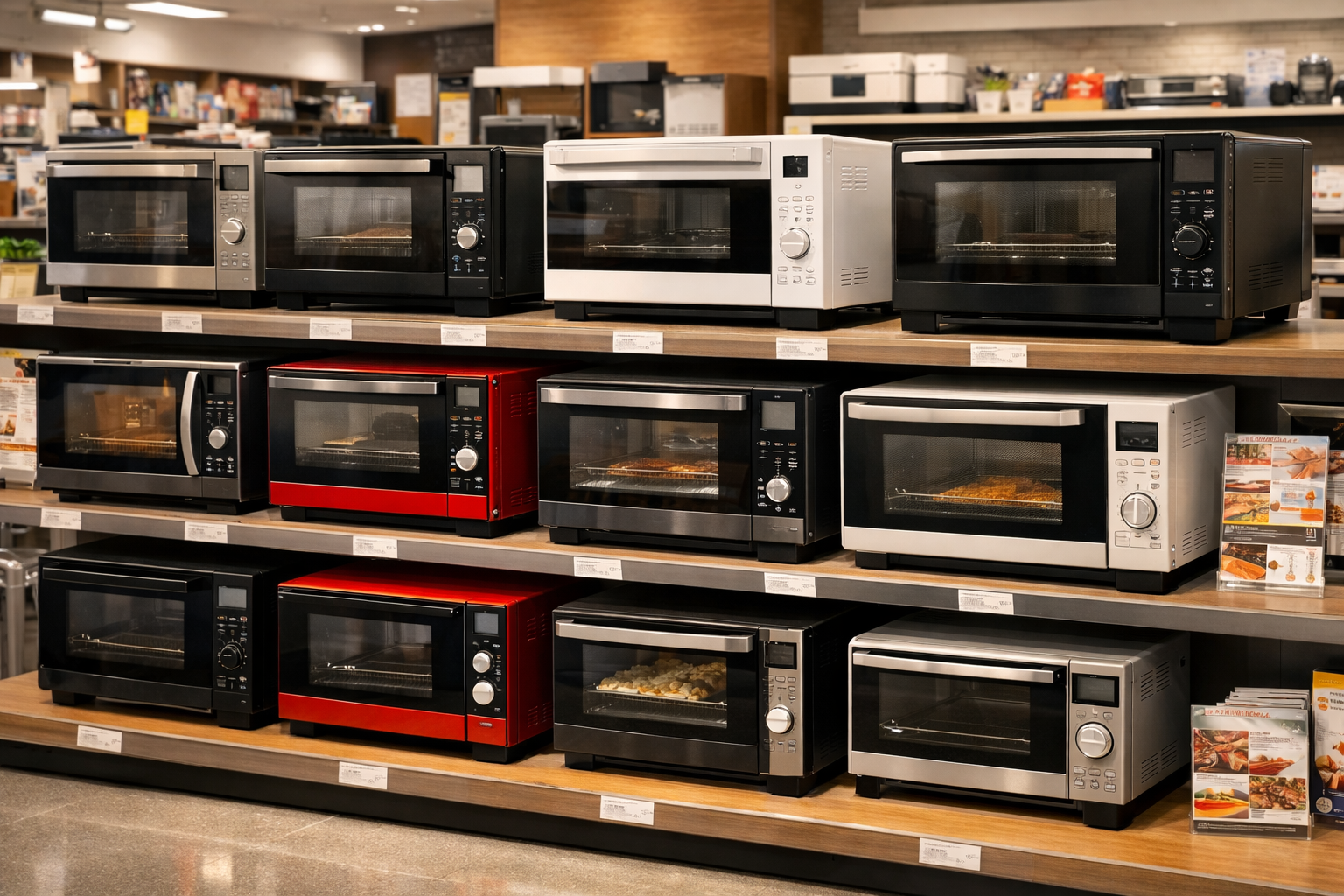 さまざまなメーカーのオーブンレンジが並ぶ家電量販店の展示風景