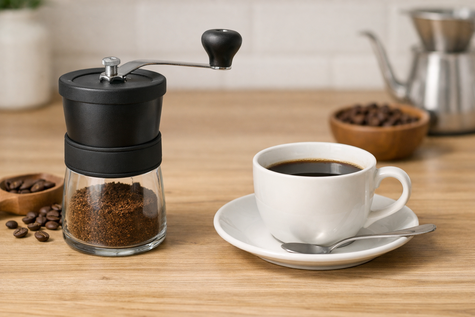 ニトリの手動コーヒーミルとコーヒーカップのセット