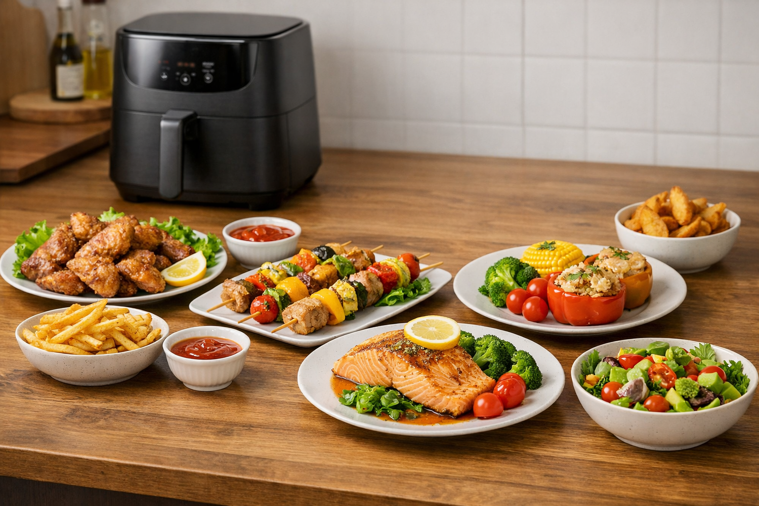 ノンフライヤーで作られた彩り豊かな料理が並ぶ食卓のイメージ