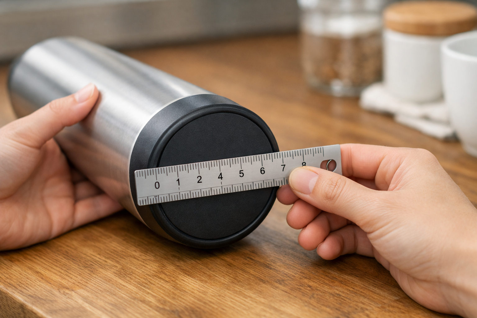 水筒の底の直径を定規で正確に測る様子