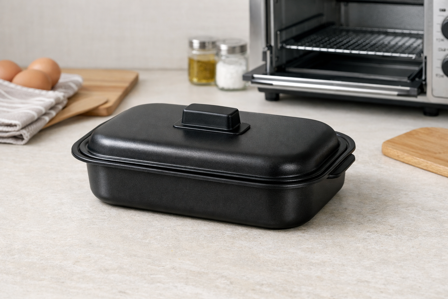 フッ素樹脂加工が施された黒いトースターパン（蓋付き）の製品イメージ