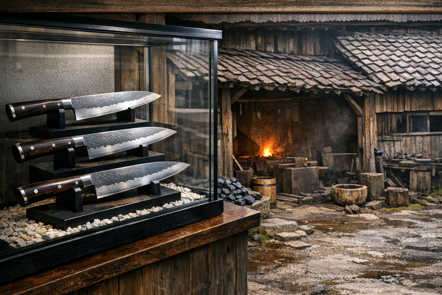 玉鋼の包丁が展示されているショーケースや、歴史を感じる鍛冶工房の外観