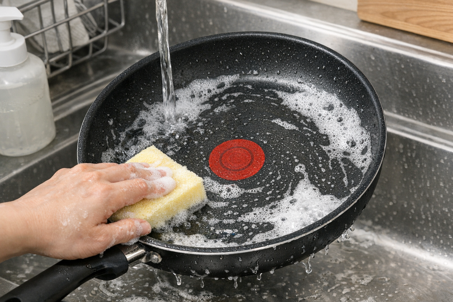 ティファールの赤いお知らせマークが見えるフライパンを、柔らかいスポンジで洗っている様子