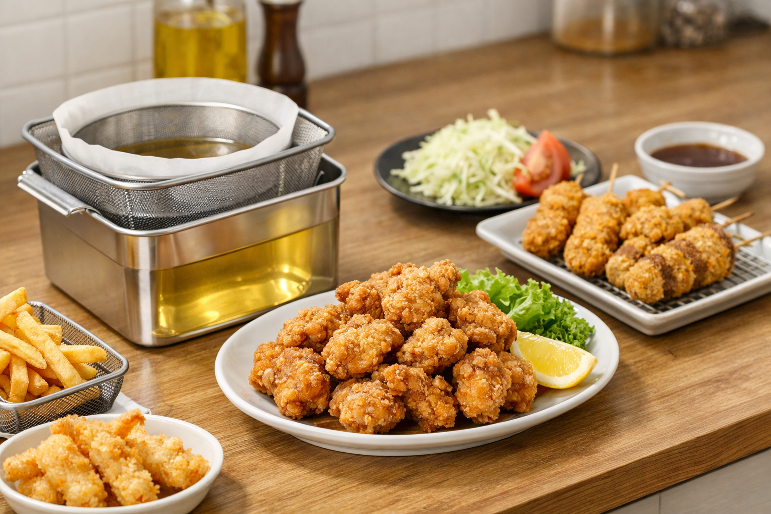 きれいに濾された油を使って、美味しそうに揚がった唐揚げなどの料理の完成写真。