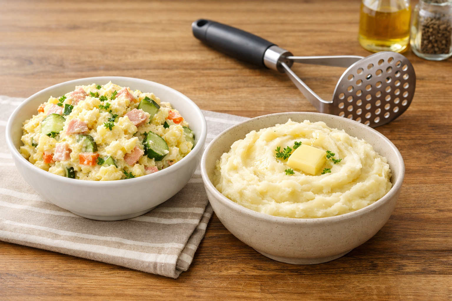 美味しいポテトサラダとマッシュポテトの完成品。背景には使い勝手の良いマッシャーが添えられている