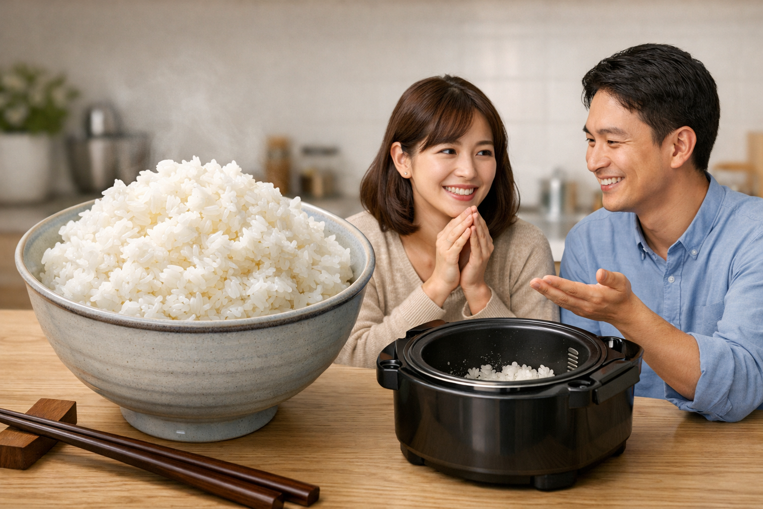 美味しそうに炊き上がったご飯が茶碗に盛られている様子、またはトラブルを解決して安心しているイメージ画像