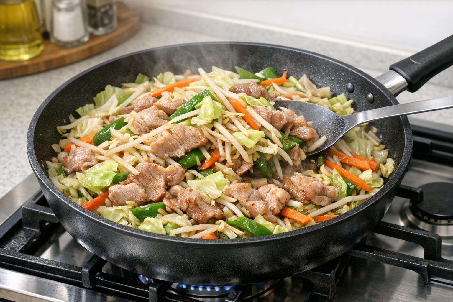 たっぷりの野菜と肉が28cmの大型フライパンで豪快に炒められている様子