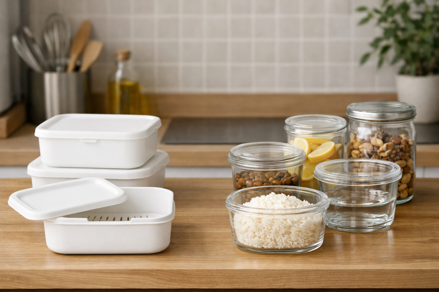 機能美を備えたマーナの容器や、清潔感のあるガラス製容器が並ぶキッチン