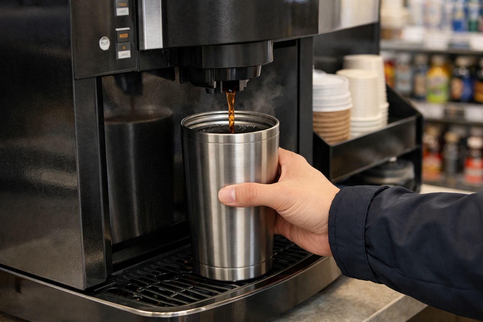 コンビニエンスストアのコーヒーマシンに、直接マイタンブラーをセットしてコーヒーを注いでいる様子