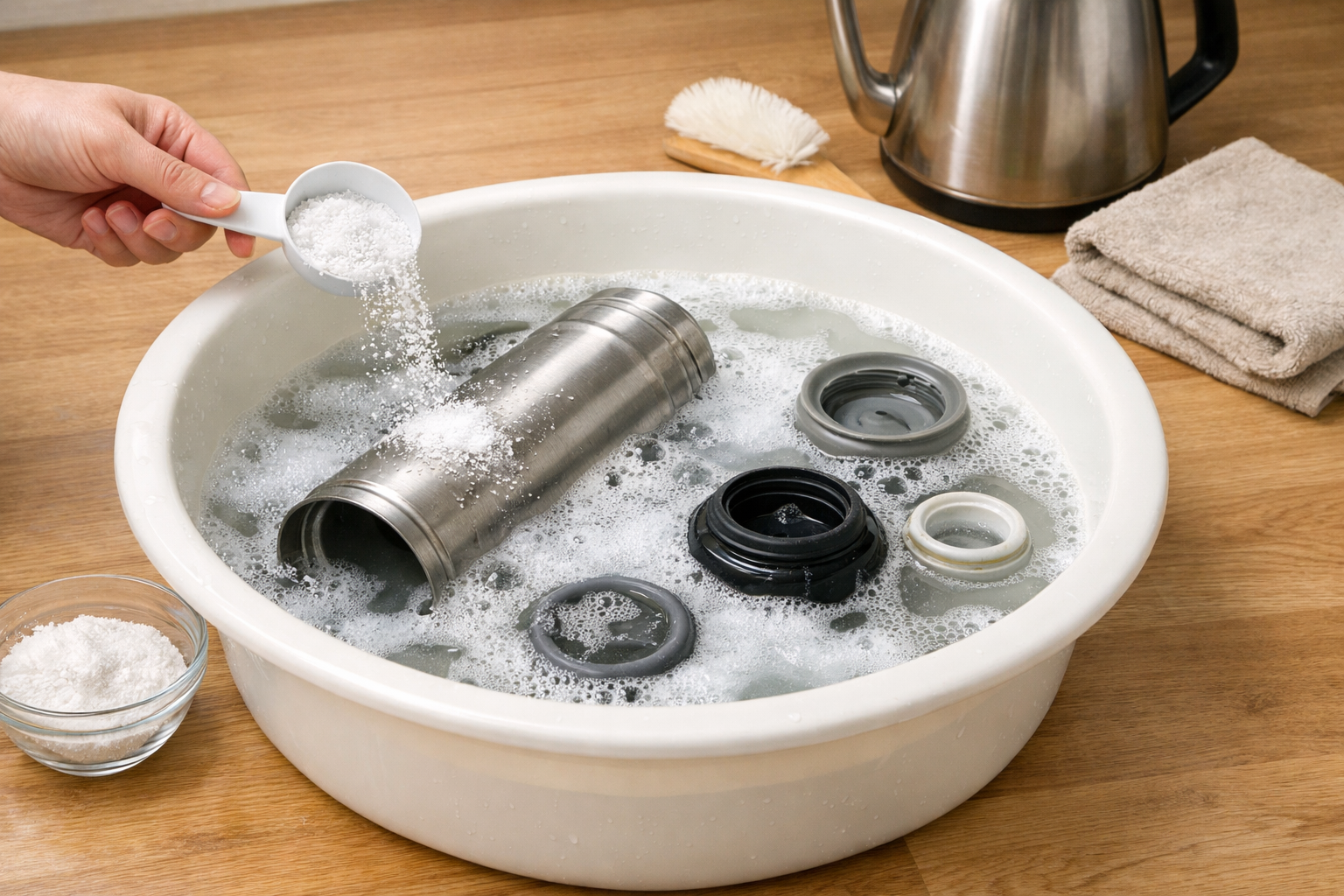 酸素系漂白剤を使用した水筒のつけ置き洗いの工程