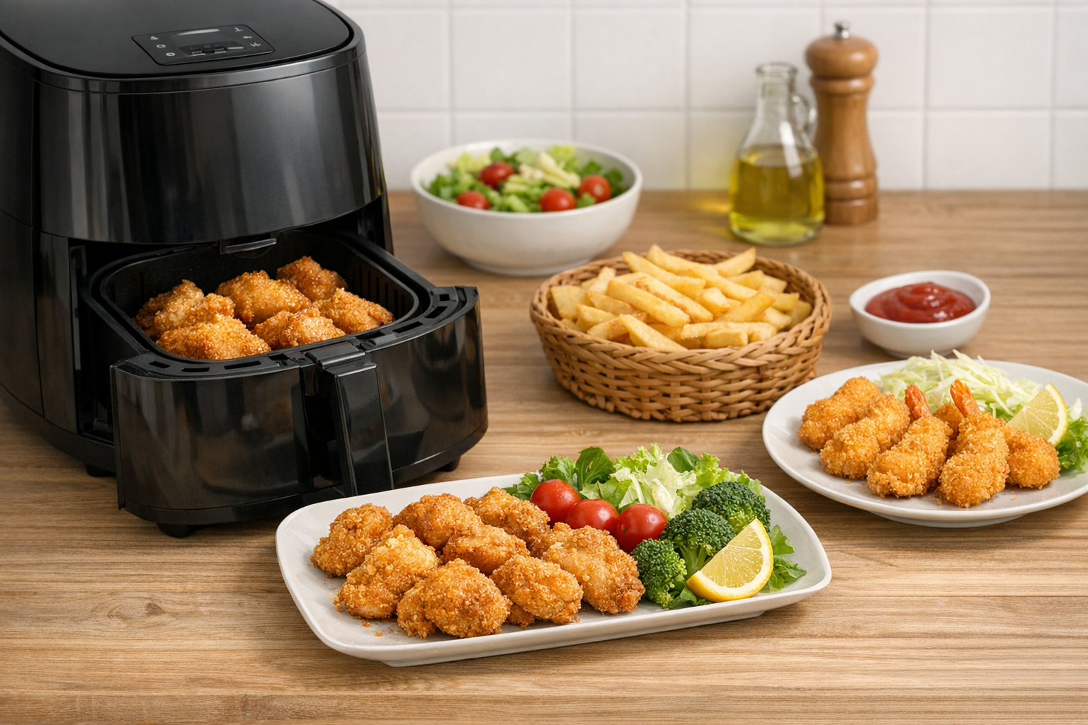 ノンフライヤーで調理されたヘルシーな揚げ物料理のイメージ