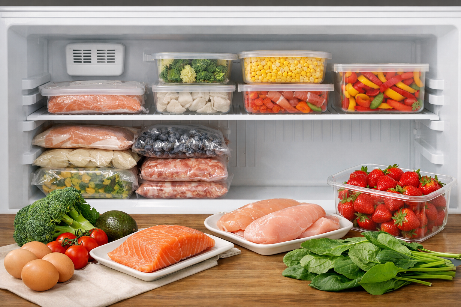 清潔になった冷凍庫と新鮮な食材