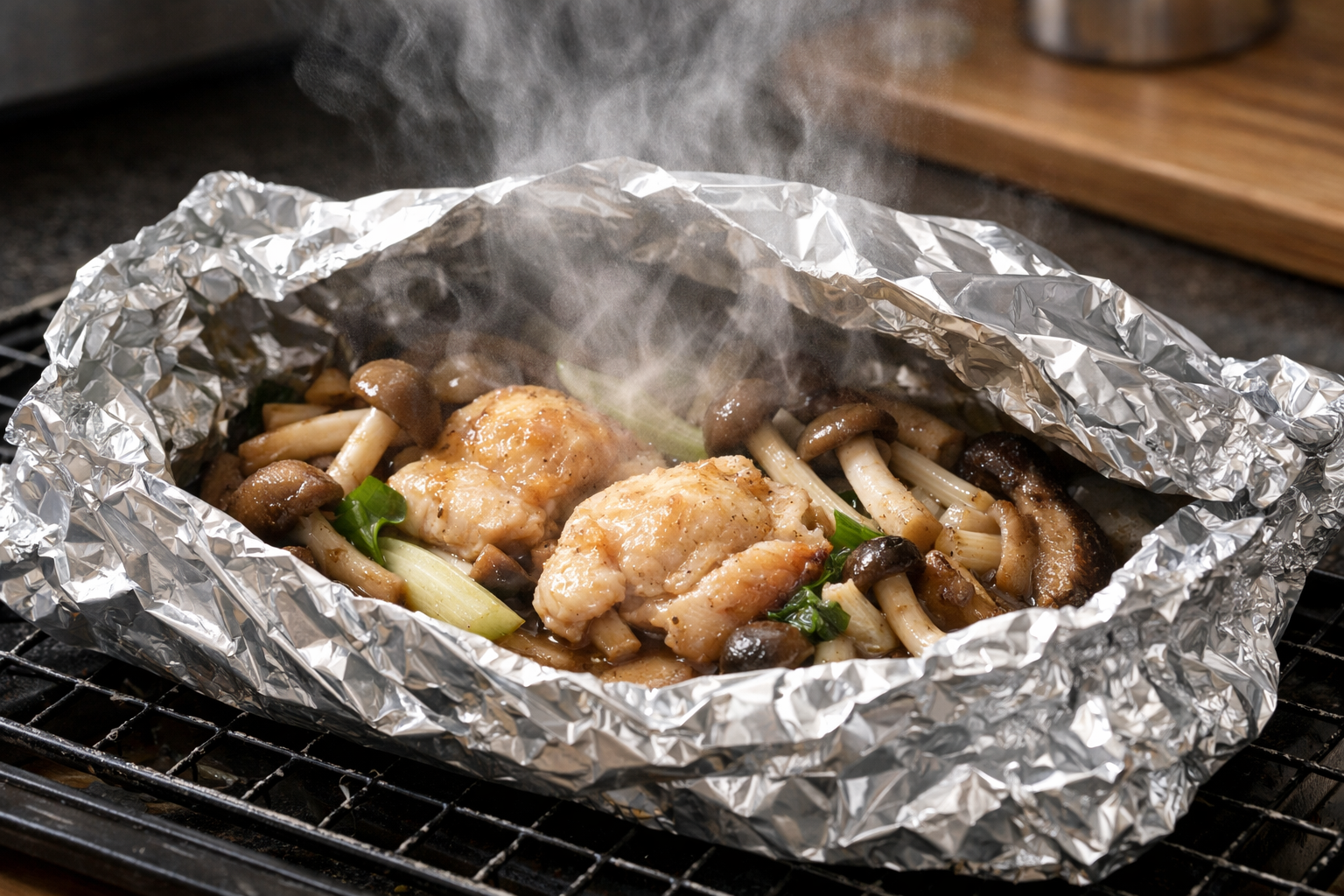 アルミホイルを開いた瞬間に湯気が立ち上る、鶏肉とキノコのホイル焼き