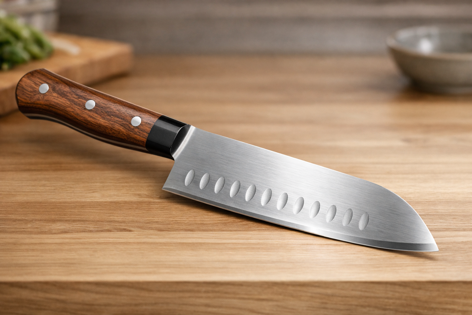 木の柄がしっかりと取り付けられた、完成された状態の三徳包丁のクローズアップ