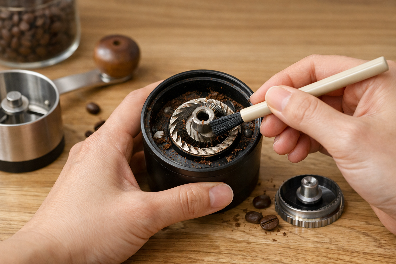 細いブラシを使ってコーヒーミルの刃を掃除している様子