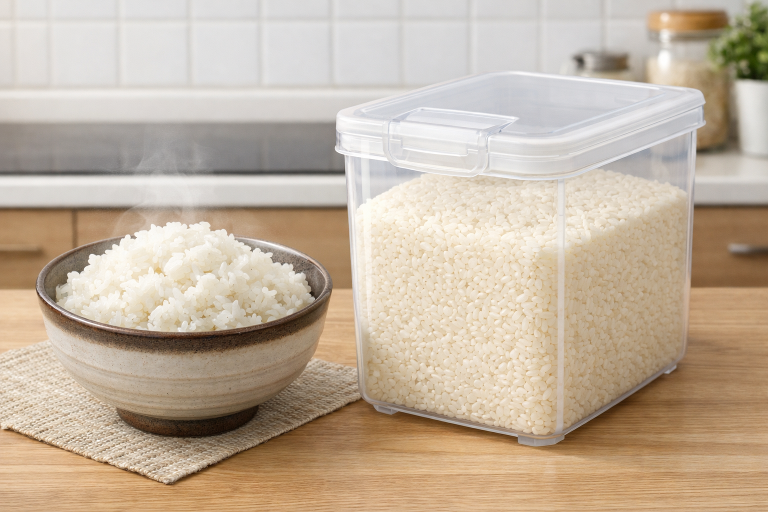 美味しい炊きあがりのご飯と、清潔な米びつのイメージ