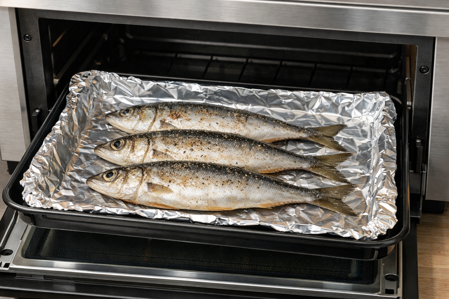 アルミホイルを敷いたトースターの受け皿に魚を並べる様子
