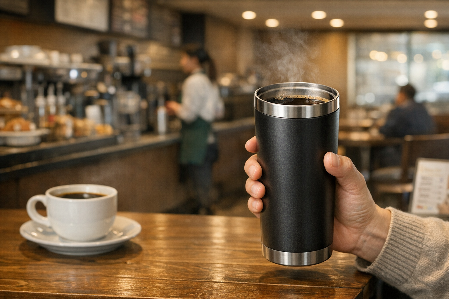 タリーズの店舗でコーヒーが入ったタンブラーを持っている風景