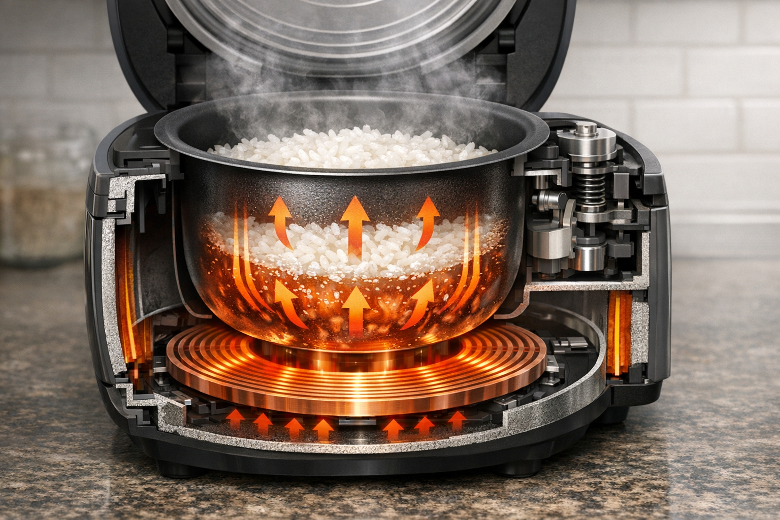 炊飯器の内部構造（IHコイルや内釜の断面）の解説図