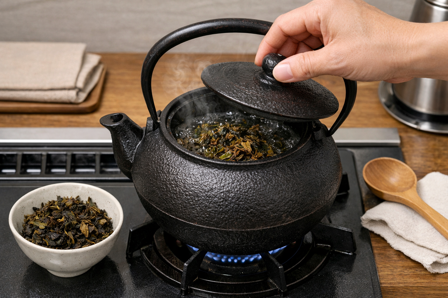 茶がらを使用して鉄瓶を煮出す、正しいメンテナンスの様子