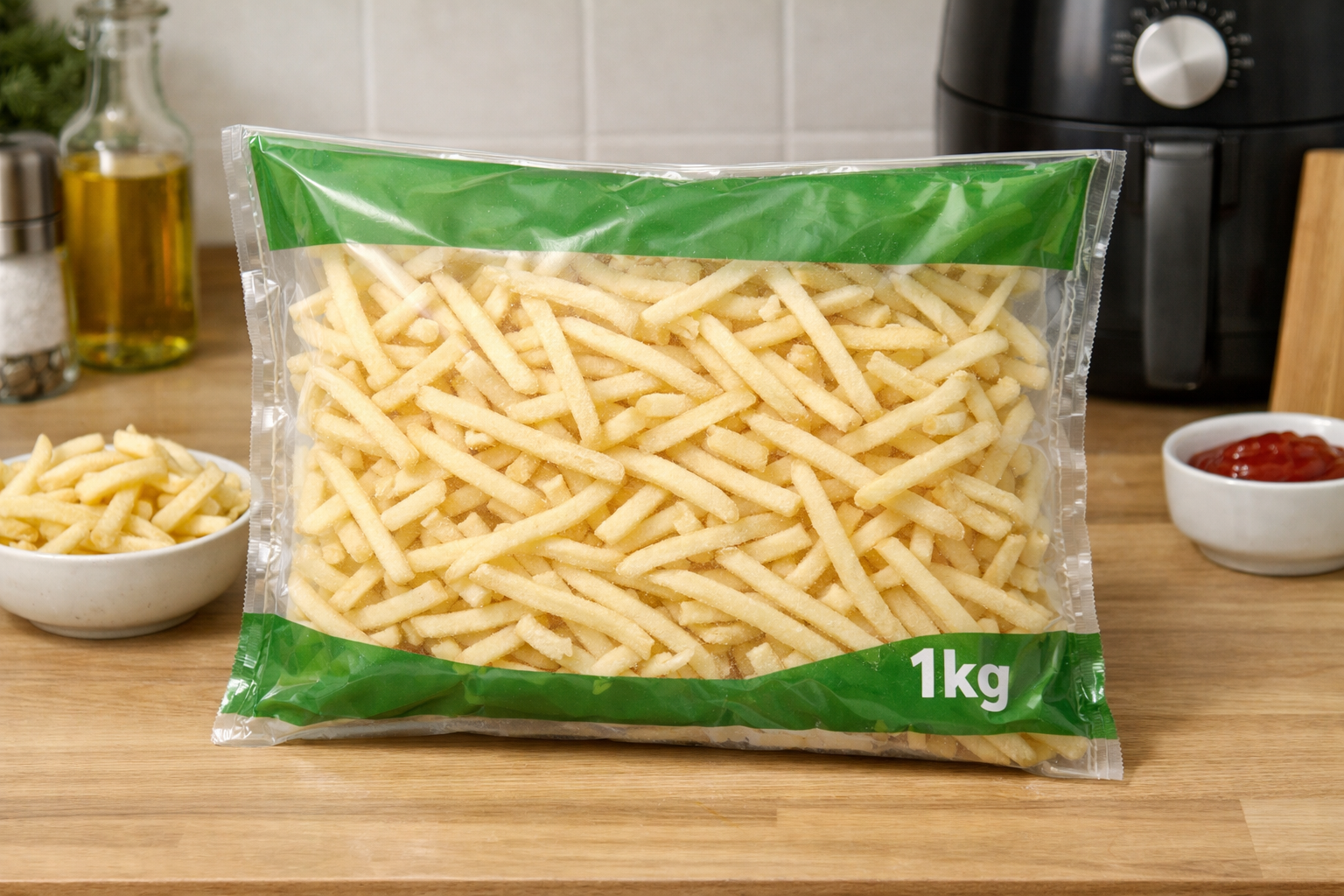 業務スーパーで販売されている1kg入りの冷凍ポテトパッケージ