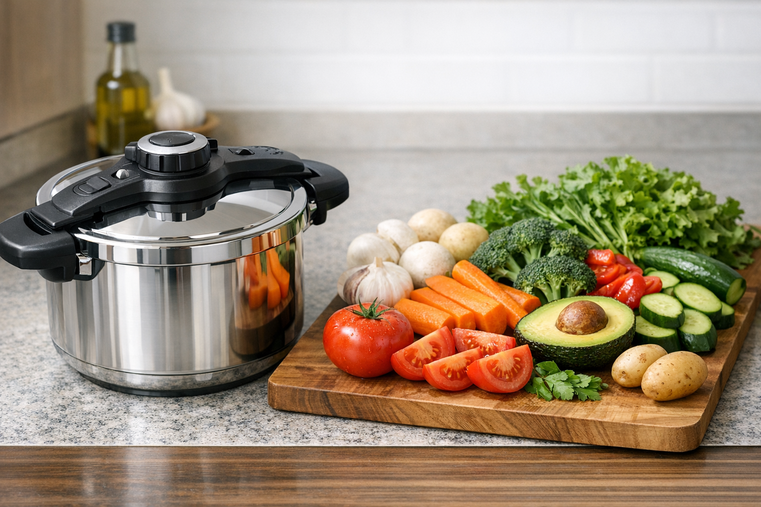 綺麗に手入れされたティファールの圧力鍋と、まな板に並べられた新鮮な野菜のイメージ