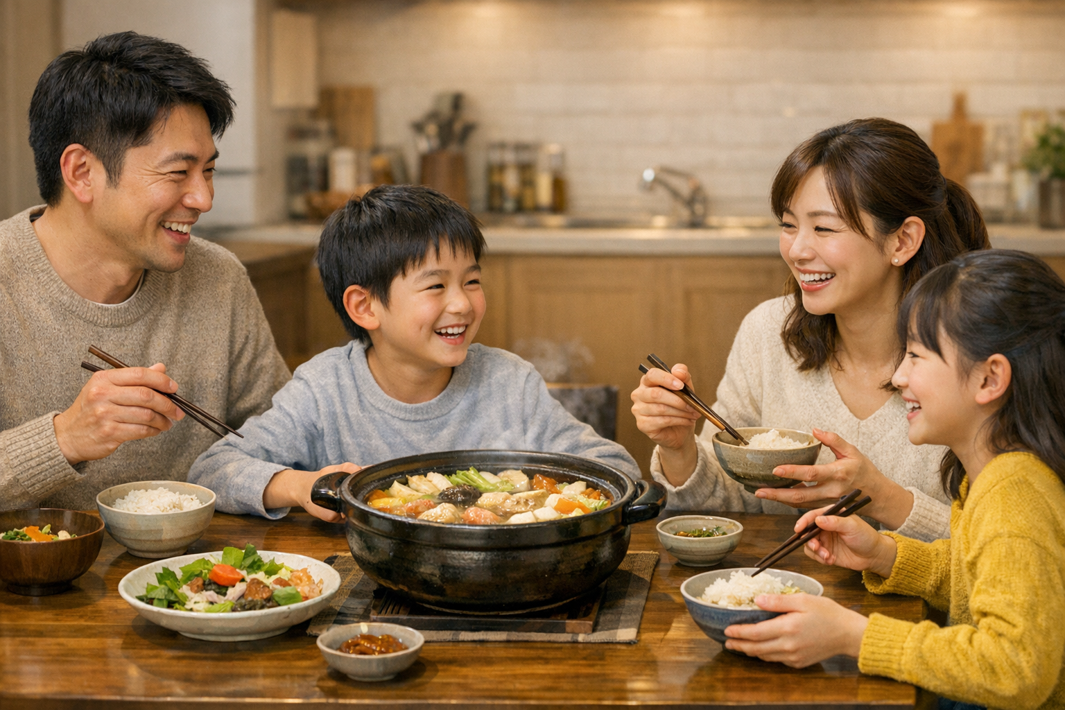 家族で土鍋を囲み、笑顔があふれる食卓の風景