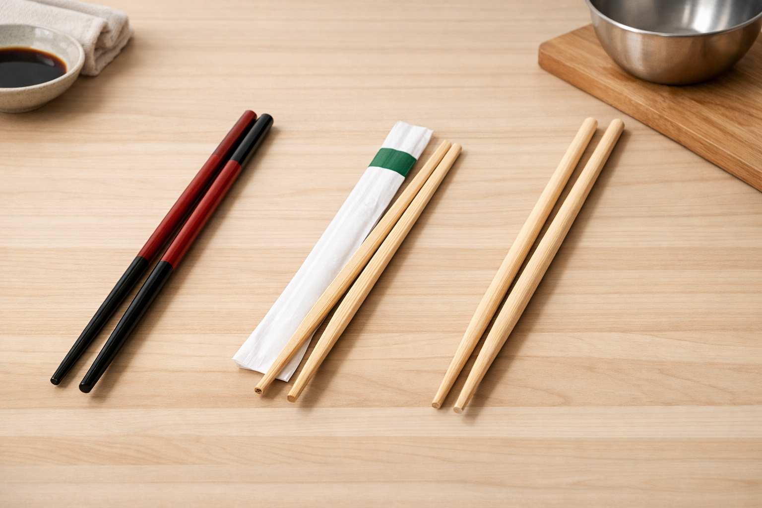 状況別の箸:塗り箸、割り箸、菜箸が並んでいる様子