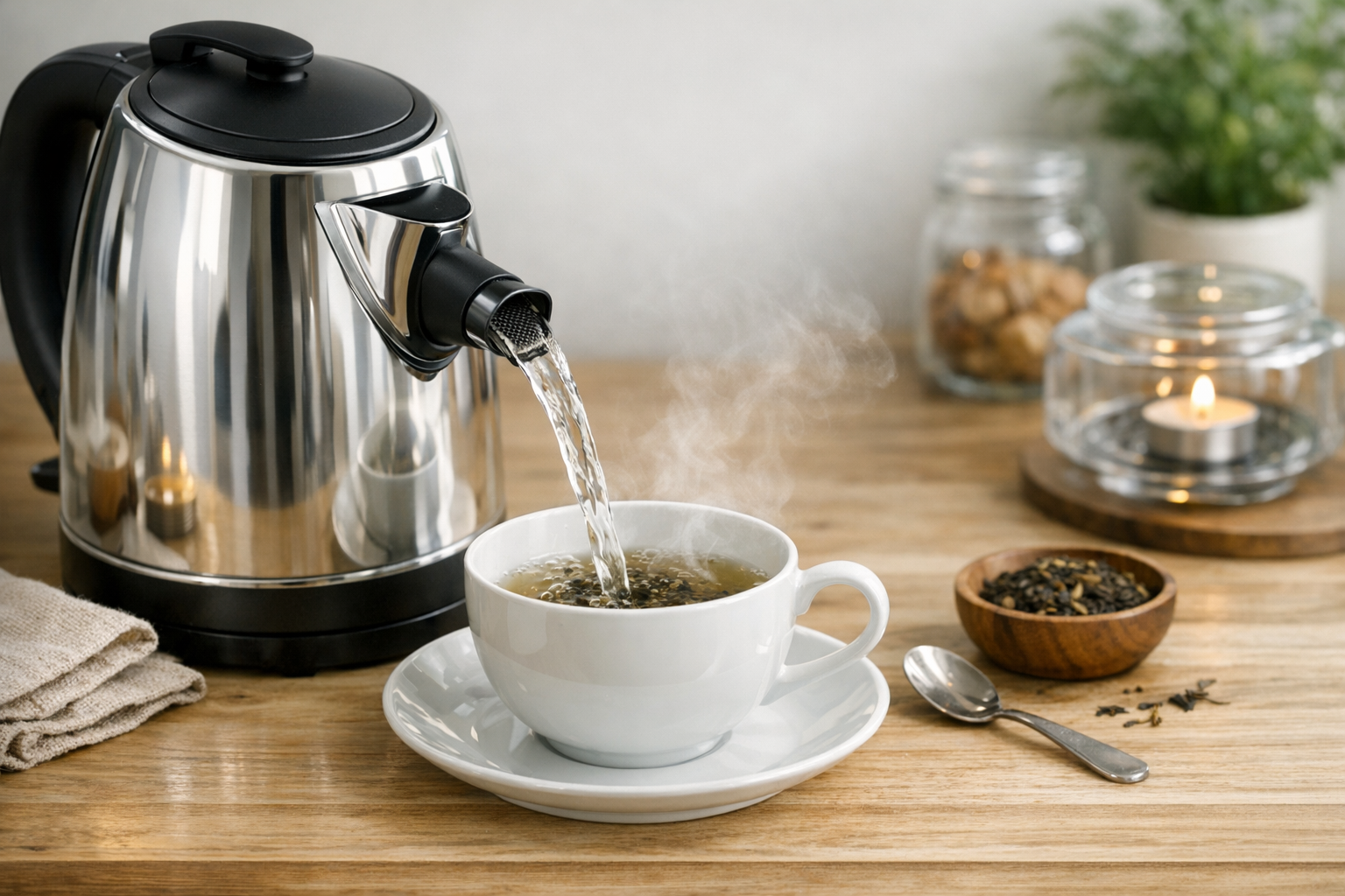 ピカピカにお手入れされた電気ケトルで、リラックスしながらお茶を淹れる風景