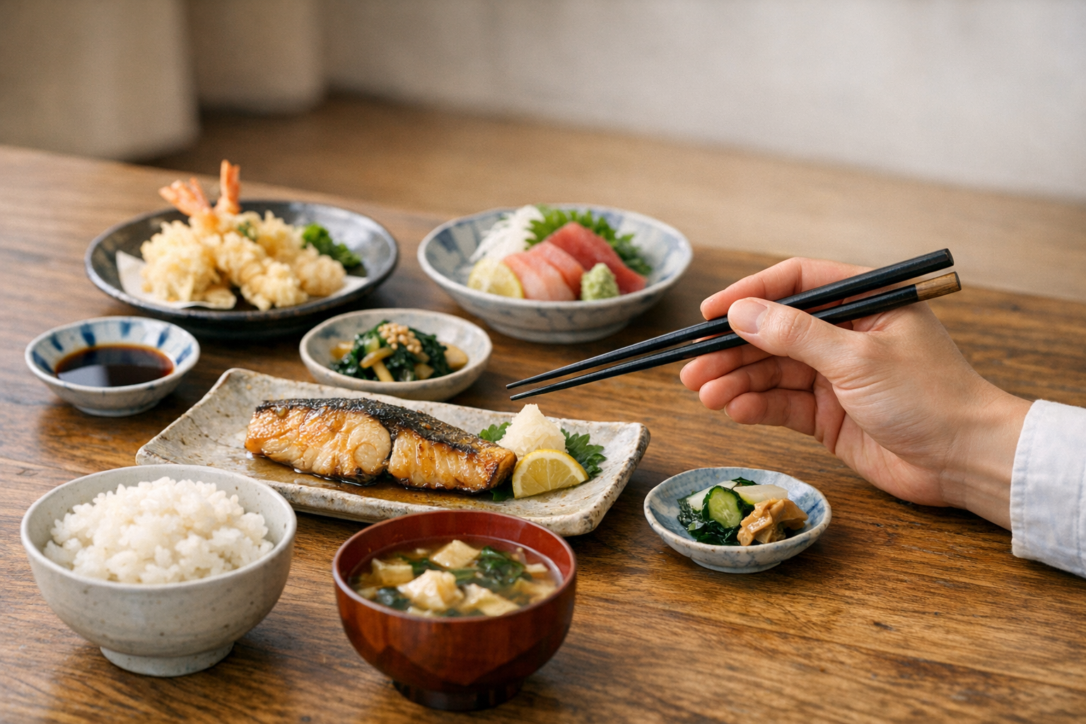 箸を正しく持つ人と、和食の美しい配膳