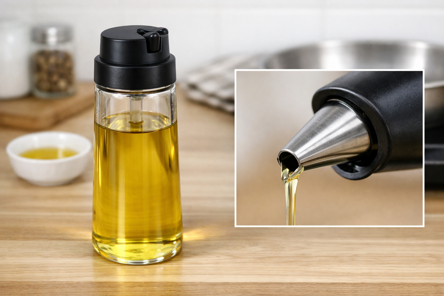 セリアで販売されているガラス製のオイルボトルと、注ぎ口のアップ