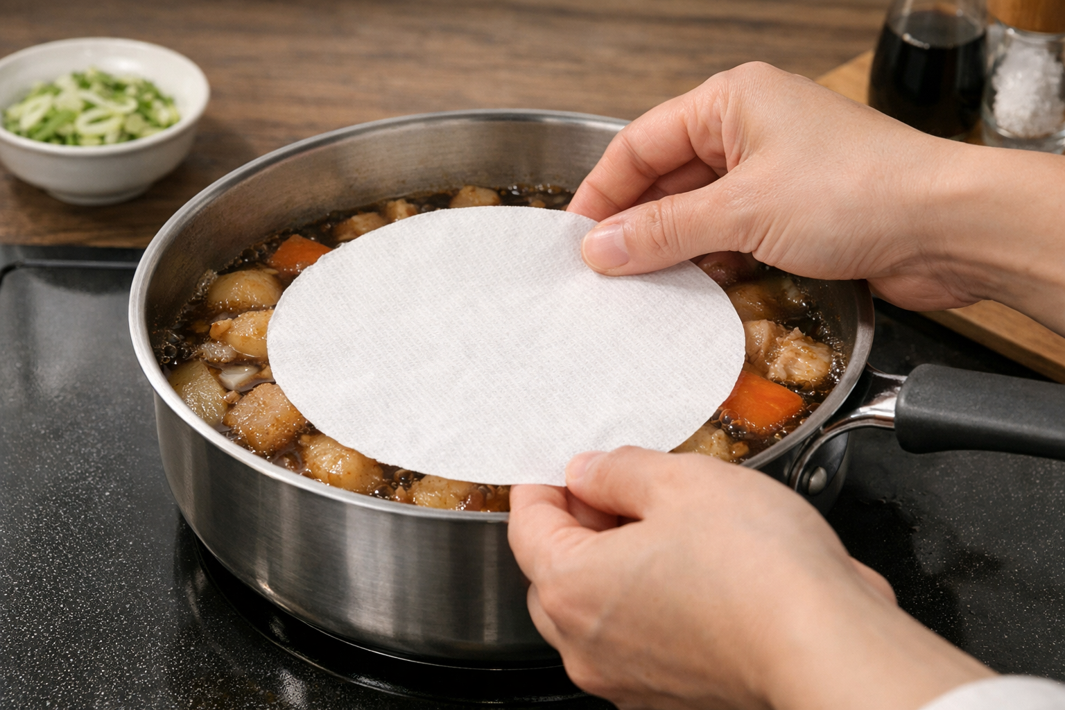 鍋のサイズに合わせてカットしたキッチンペーパーを煮物に乗せている図解