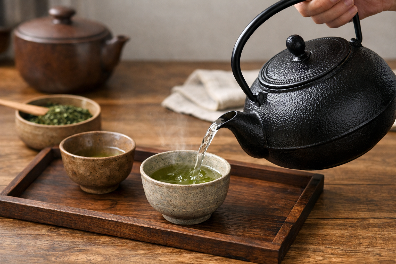 手入れが行き届き、美しい黒色を保った鉄瓶でお茶を淹れるシーン