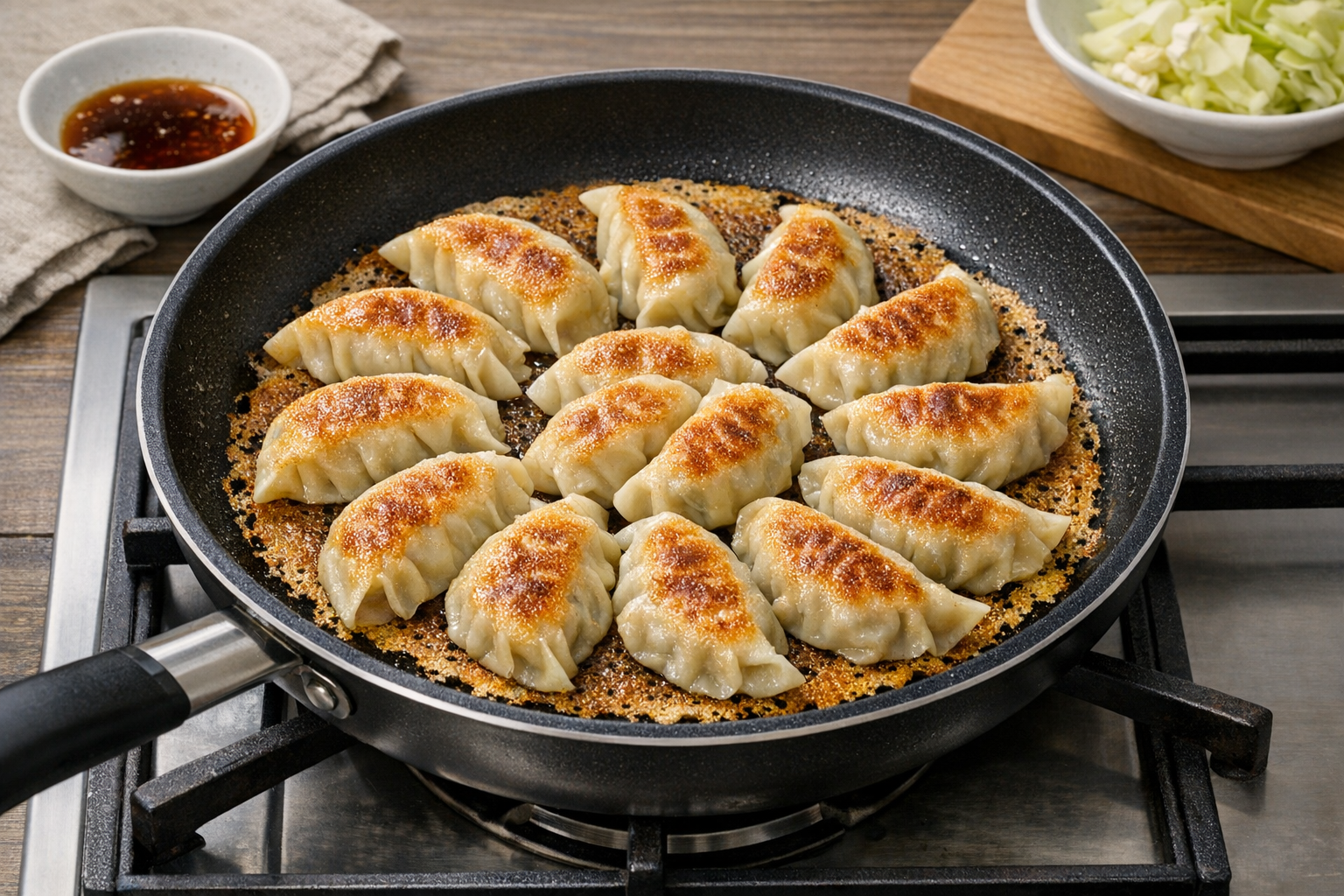 24cmのフライパンに餃子がきれいに円形に並べられ、焼き上げられている様子