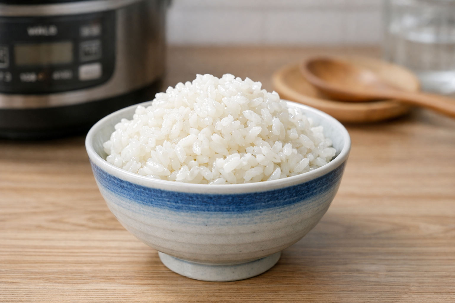 ふっくらと炊き上がったツヤのあるご飯がお茶碗に盛られている様子