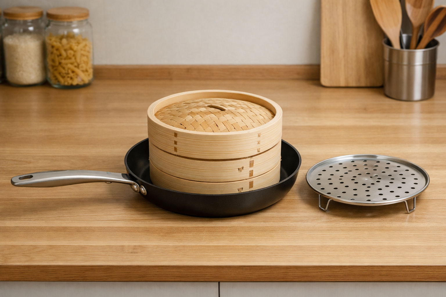 サイズが適合したフライパンとせいろ、および蒸し板(受け台)の並んだ様子