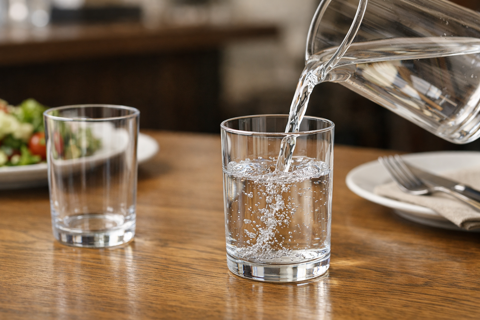 レストランで水が注がれている、装飾のないシンプルな円筒形のシリンダーグラス