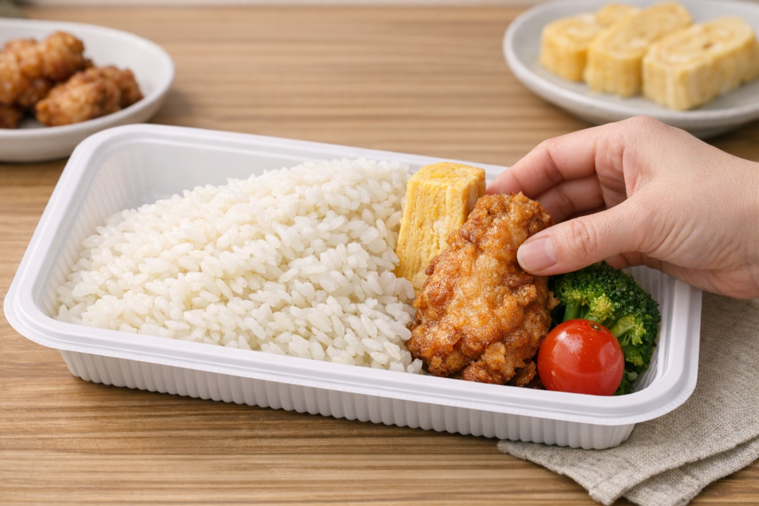 ご飯を傾斜をつけて盛り、その横におかずを立てて詰めていく手順を示す画像