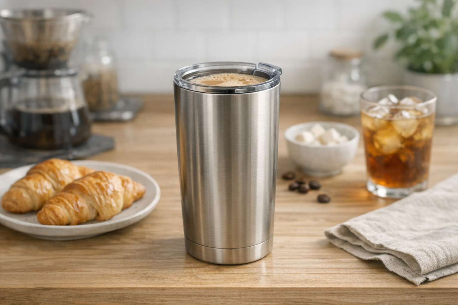 タンブラーを日常で楽しむイメージ:お気に入りのドリンクを入れた清潔感のあるタンブラー