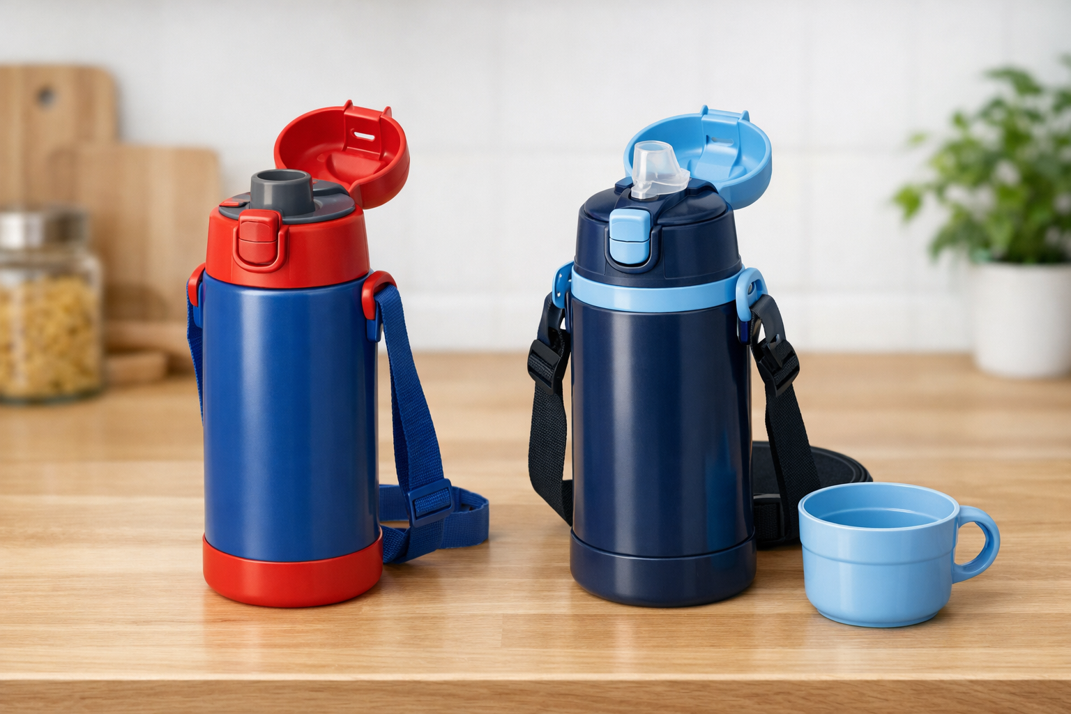 直飲みタイプと2wayタイプのスケーター水筒が並んでいるイメージ