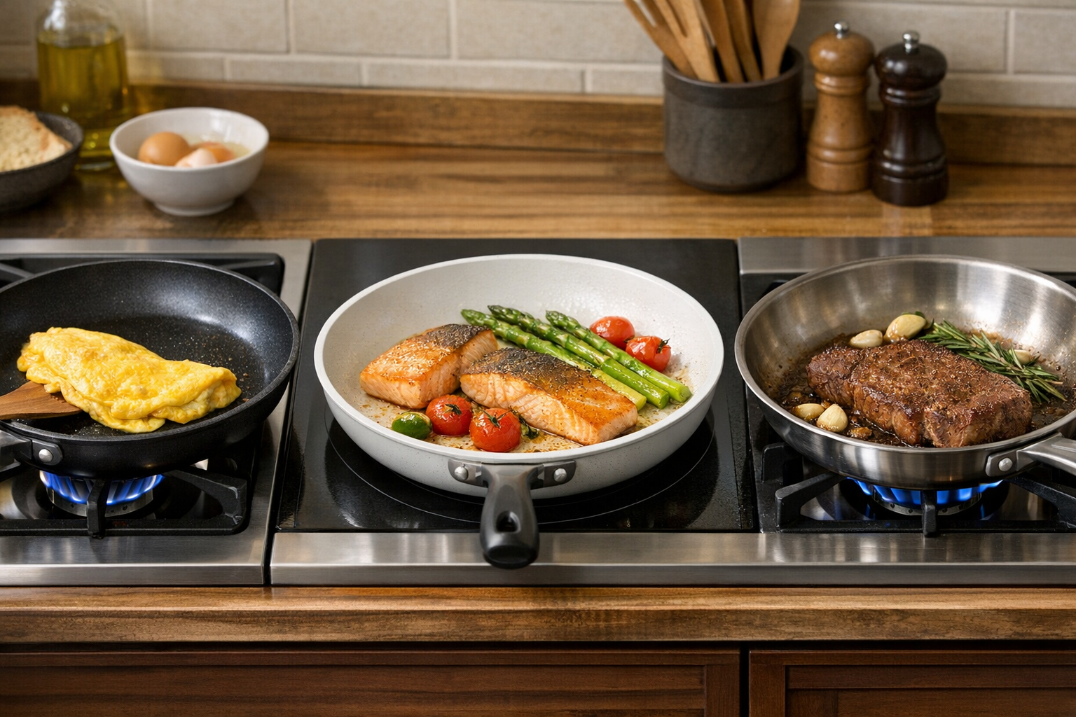 料理の目的（オムレツ、ステーキなど）に合わせて異なるコーティングのフライパンを使い分けているキッチンの風景