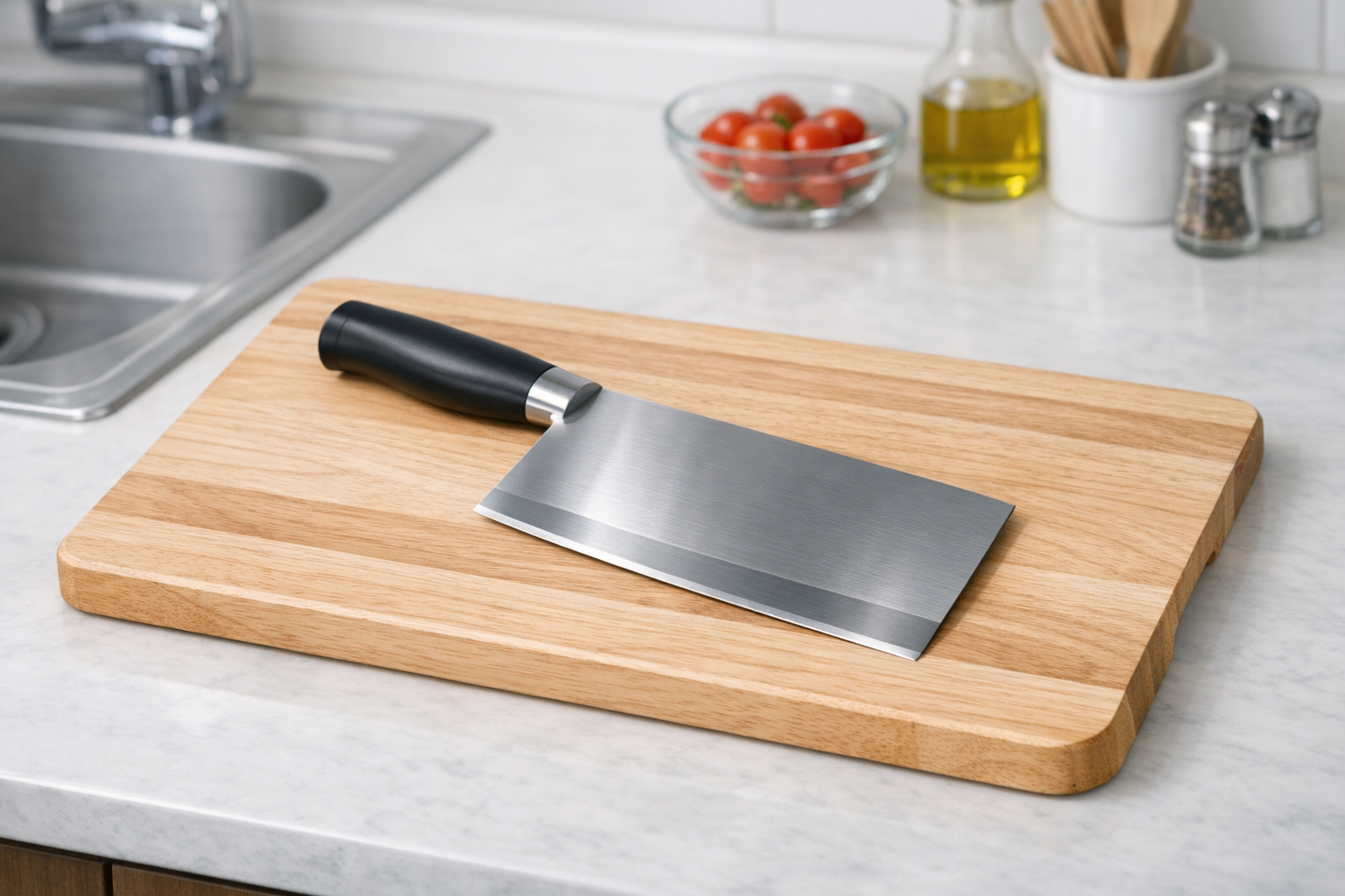 清潔なキッチンに置かれた、手入れの行き届いた包丁とまな板