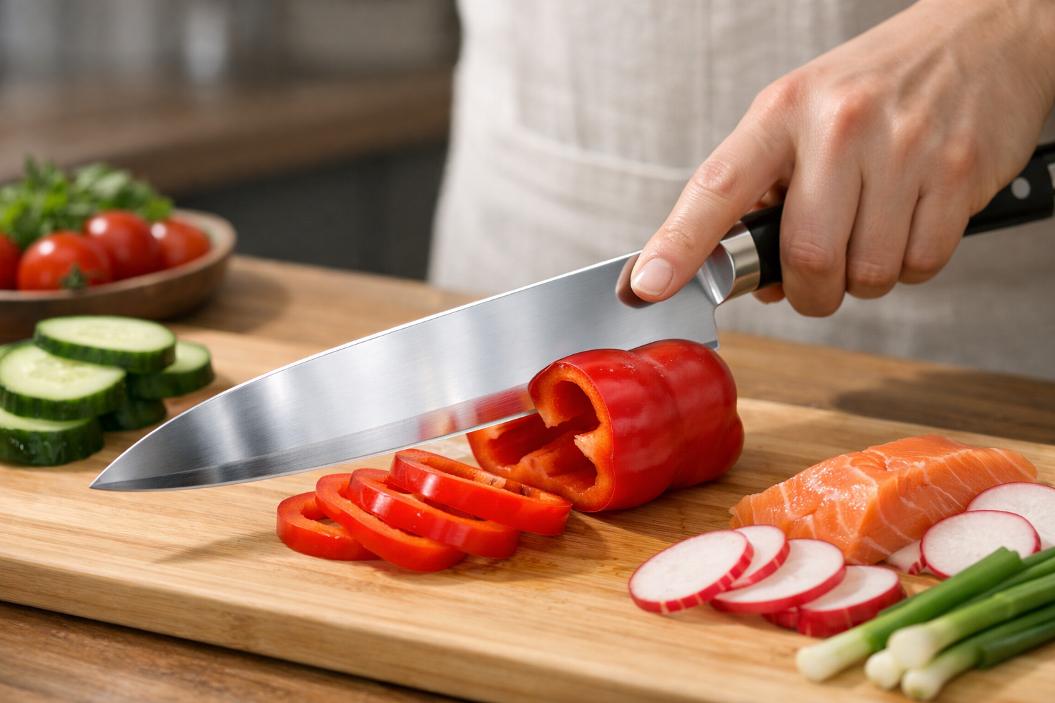 完璧に研ぎ上がった包丁で食材を鮮やかに切っている様子
