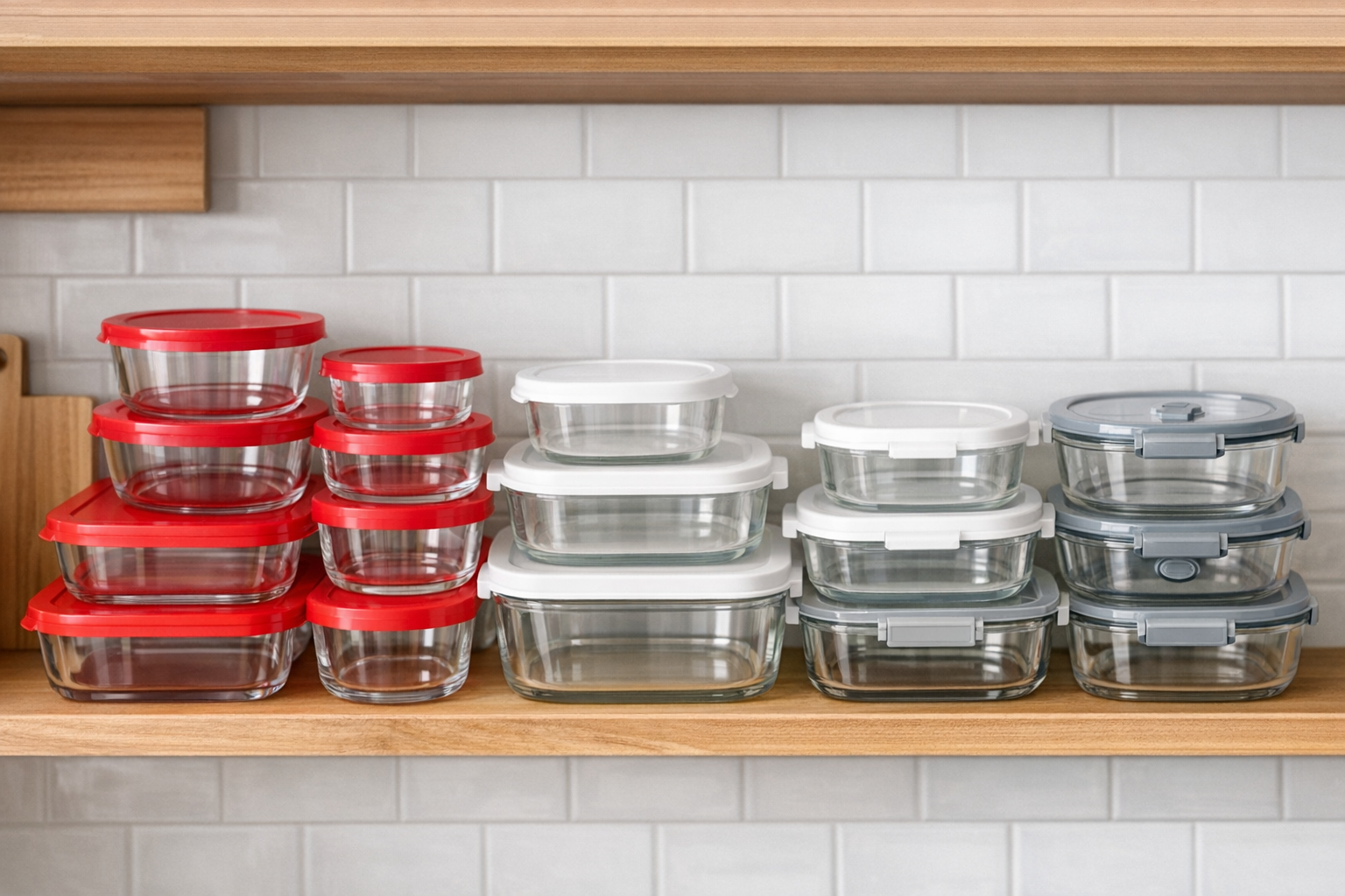 キッチン棚にメーカーごとのガラス容器が整然と並んでいる様子