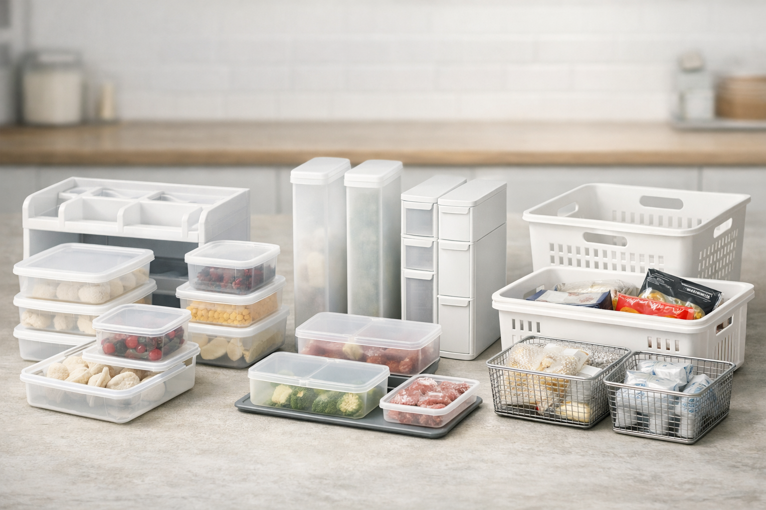 ダイソー、セリア、ニトリの各ブランドの代表的な冷凍庫収納アイテムが並べられ、比較されている様子