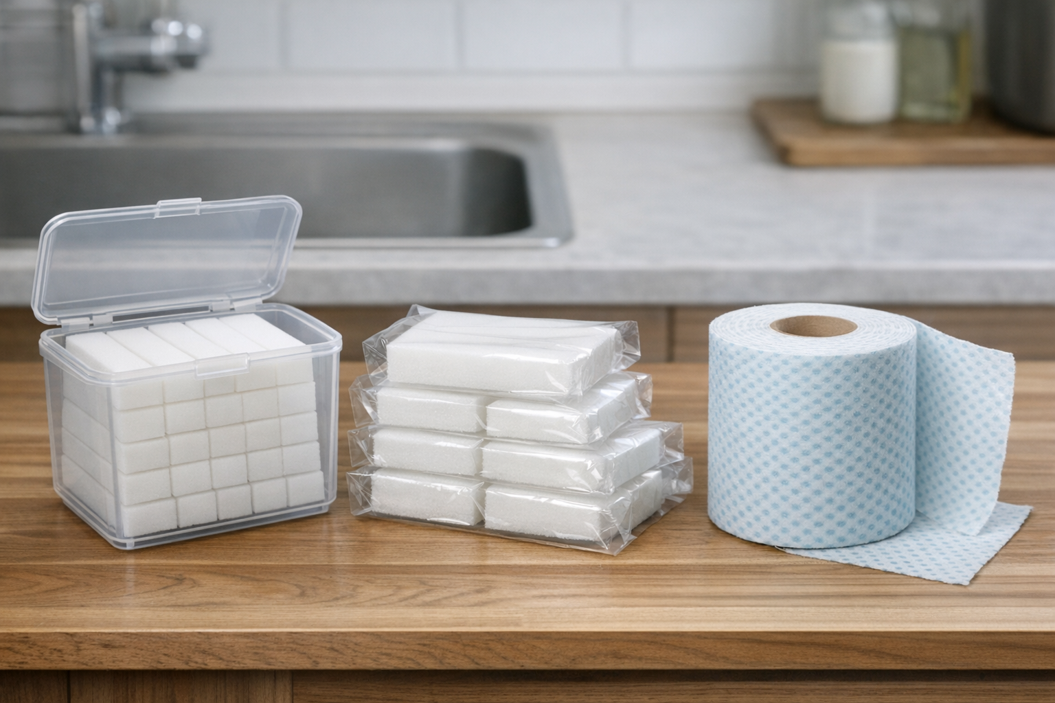 ダイソー、セリア、ニトリなどの使い捨てスポンジを並べて比較している様子